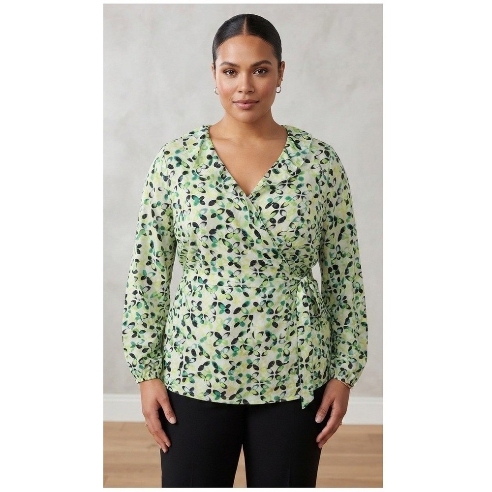 Cato Women's Plus Size 18/20W Blouse Green Floral Ruffle Neck Tiered Bell Sleeve